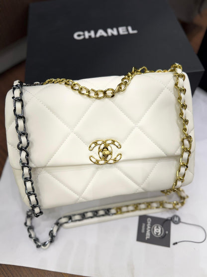 C-H-A-N-E-L 19 Flap Bag – Puffy Diamond Quilting | Premium Women Bag (Creamy White)
