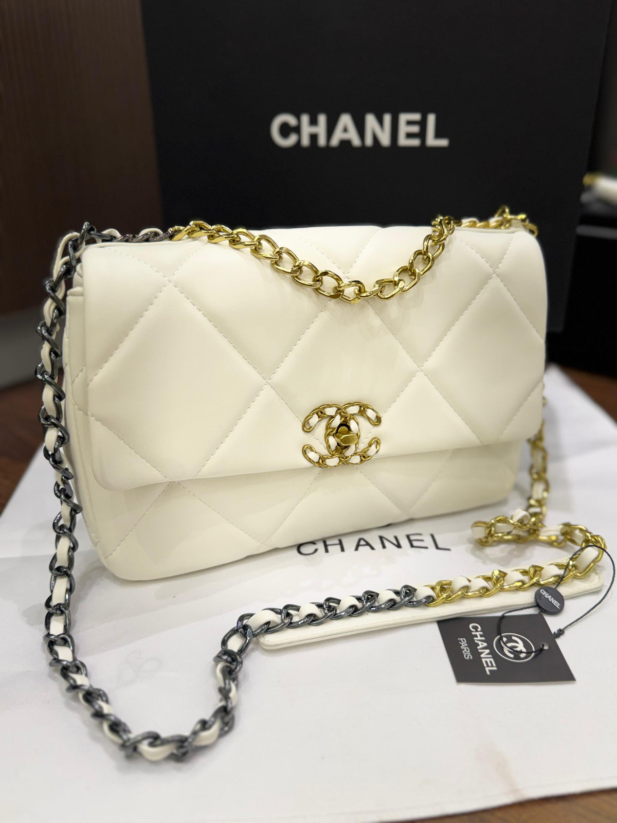 C-H-A-N-E-L 19 Flap Bag – Puffy Diamond Quilting | Premium Women Bag (Creamy White)