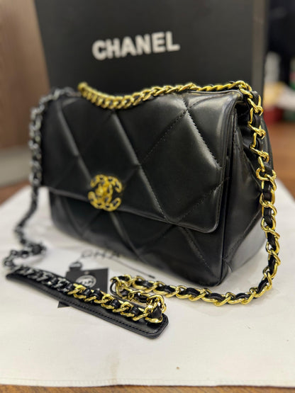 C-H-A-N-E-L 19 Flap Bag – Puffy Diamond Quilting | Premium Women Bag (Black)