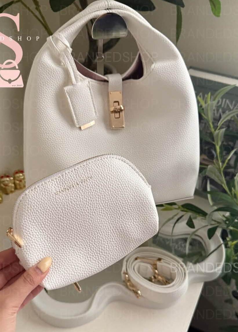 C-H-A-R-L-E-S & K-E-I-T-H Chance Turn-Lock Bucket Bag 2pc Set – Premium Women Bag (Cream)