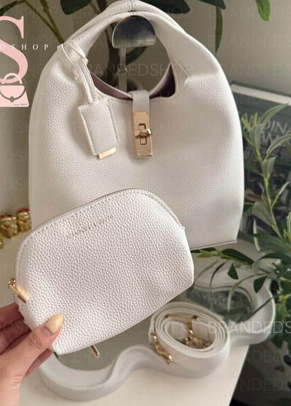 C-H-A-R-L-E-S & K-E-I-T-H Chance Turn-Lock Bucket Bag 2pc Set – Premium Women Bag (Cream)
