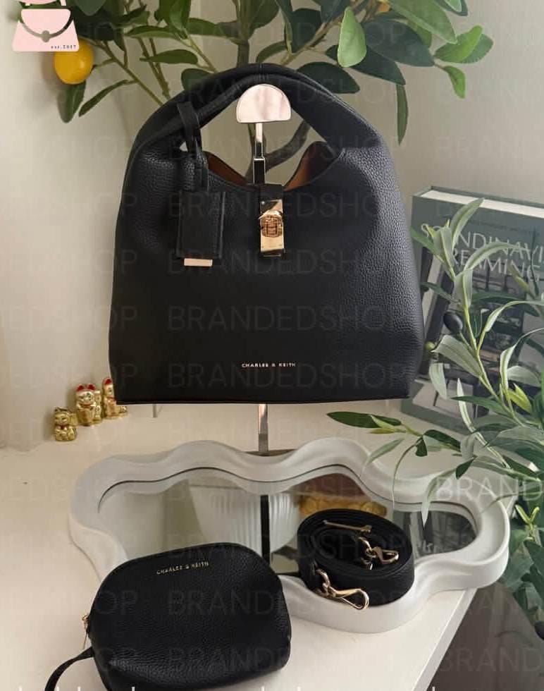 C-H-A-R-L-E-S & K-E-I-T-H Chance Turn-Lock Bucket Bag 2pc Set – Premium Women Bag (Black)