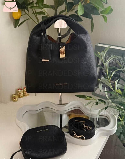 C-H-A-R-L-E-S & K-E-I-T-H Chance Turn-Lock Bucket Bag 2pc Set – Premium Women Bag (Black)