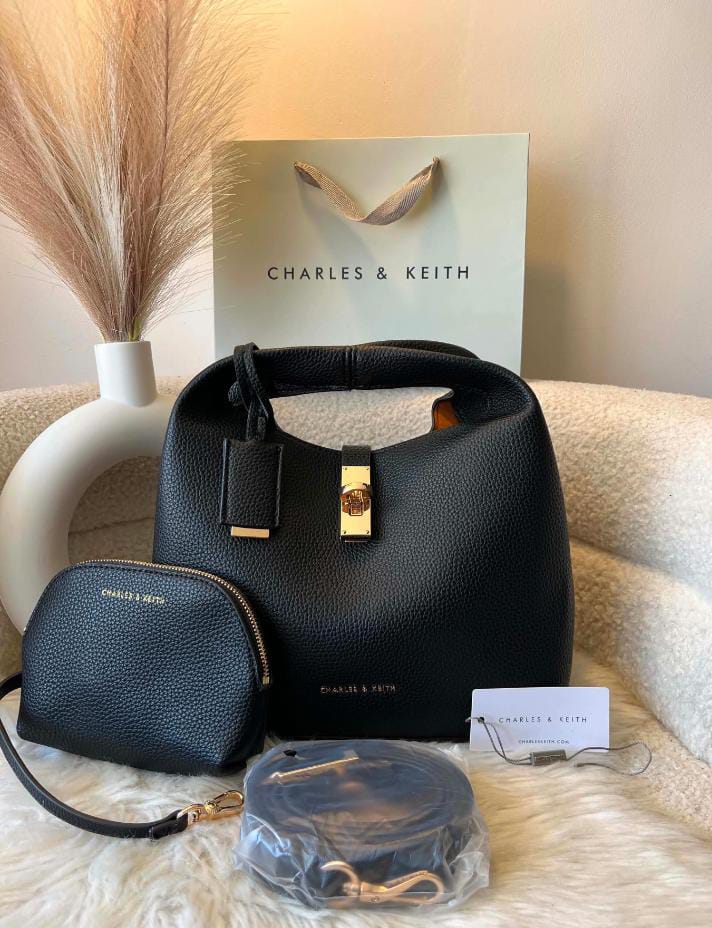 C-H-A-R-L-E-S & K-E-I-T-H Chance Turn-Lock Bucket Bag 2pc Set – Premium Women Bag (Black)