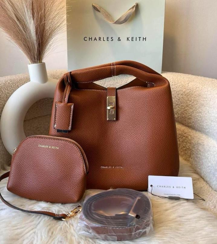 C-H-A-R-L-E-S & K-E-I-T-H Chance Turn-Lock Bucket Bag 2pc Set – Premium Women Bag (Brown)