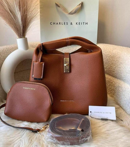 C-H-A-R-L-E-S & K-E-I-T-H Chance Turn-Lock Bucket Bag 2pc Set – Premium Women Bag (Brown)