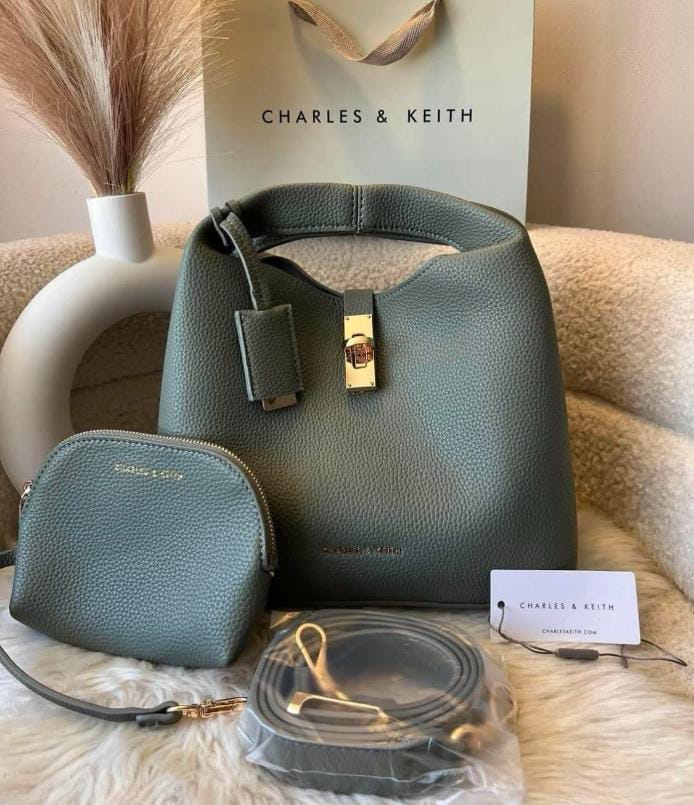 C-H-A-R-L-E-S & K-E-I-T-H Chance Turn-Lock Bucket Bag 2pc Set – Premium Women Bag (Olive Green))