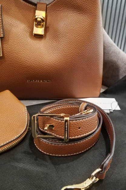 C-H-A-R-L-E-S & K-E-I-T-H Chance Turn-Lock Bucket Bag 2pc Set – Premium Women Bag (Brown)