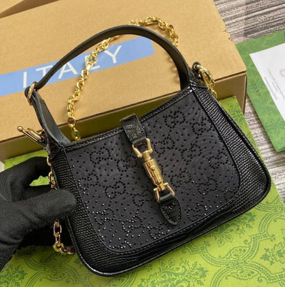 G-U-C-C-I Jackie 1961 Crystal GG Mini Shoulder Bag – Premium Women Bag (Black)