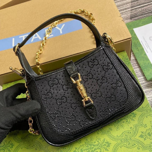 G-U-C-C-I Jackie 1961 Crystal GG Mini Shoulder Bag – Premium Women Bag (Black)