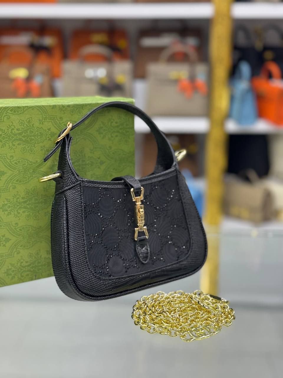G-U-C-C-I Jackie 1961 Crystal GG Mini Shoulder Bag – Premium Women Bag (Black)
