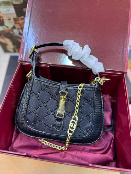 G-U-C-C-I Jackie 1961 Crystal GG Mini Shoulder Bag – Premium Women Bag (Black)