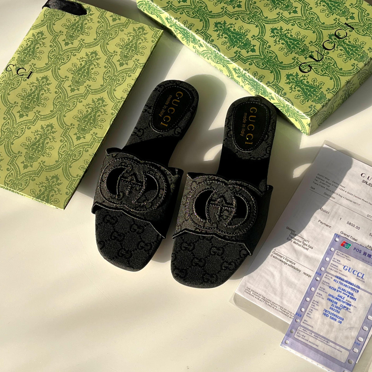 G-U-C-C-I Interlocking G Canvas Slides – Premium Women Footwear (Black)