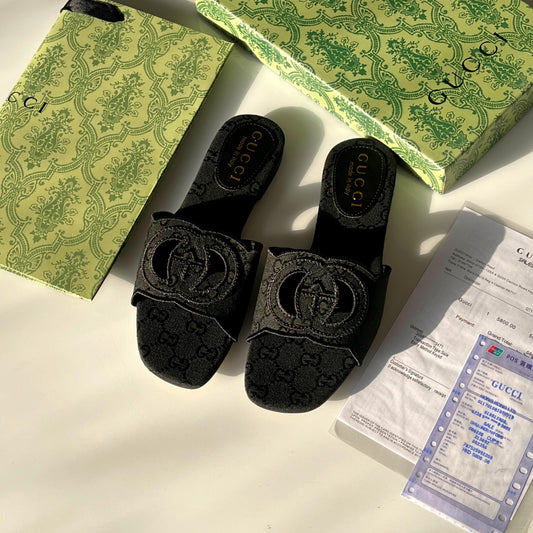 G-U-C-C-I Interlocking G Canvas Slides – Premium Women Footwear (Black)