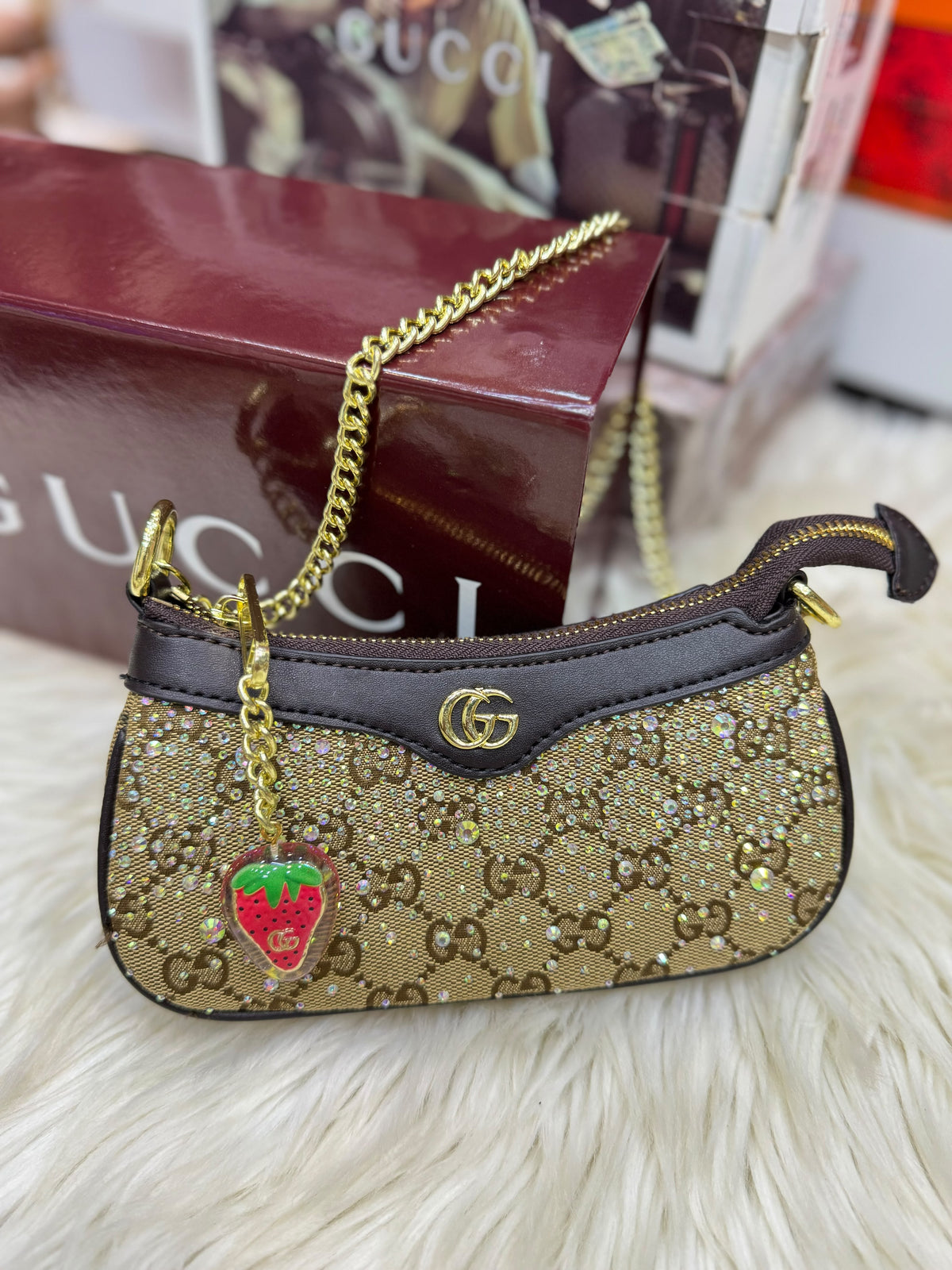 G-U-C-C-I Ophidia Crystal Embellished Leather Shoulder Mini Bag – Premium Women Bag (Gold)
