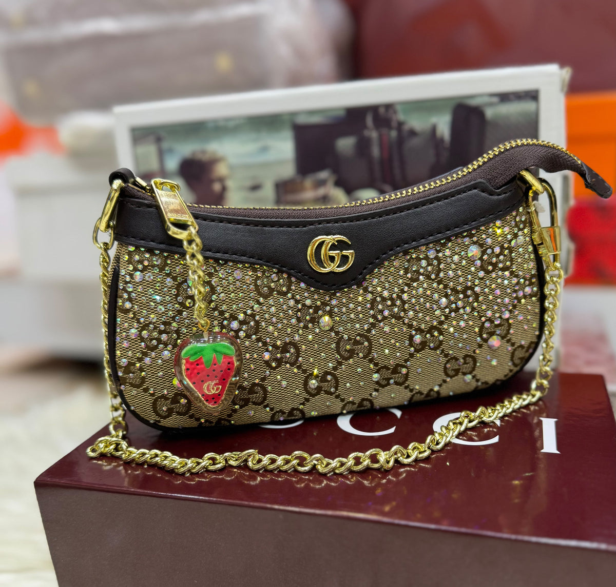 G-U-C-C-I Ophidia Crystal Embellished Leather Shoulder Mini Bag – Premium Women Bag (Gold)