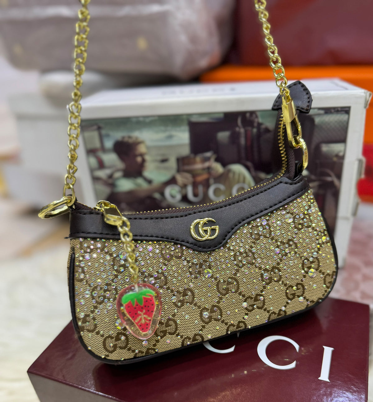G-U-C-C-I Ophidia Crystal Embellished Leather Shoulder Mini Bag – Premium Women Bag (Gold)