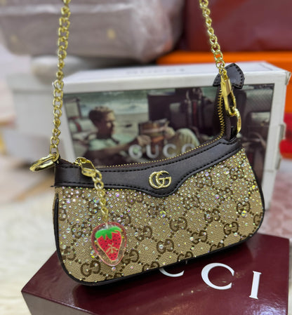 G-U-C-C-I Ophidia Crystal Embellished Leather Shoulder Mini Bag – Premium Women Bag (Gold)