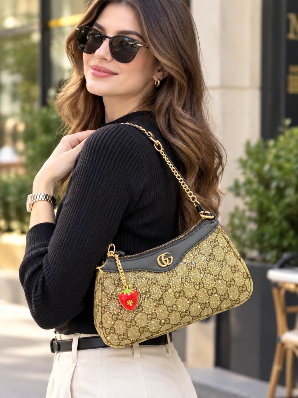 G-U-C-C-I Ophidia Crystal Embellished Leather Shoulder Mini Bag – Premium Women Bag (Gold)