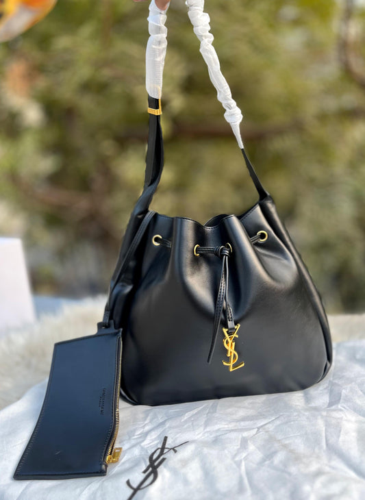 Y-S-L Saint Laurent Paris VII Bucket Bag – Flat Hobo Women Bag (Black)