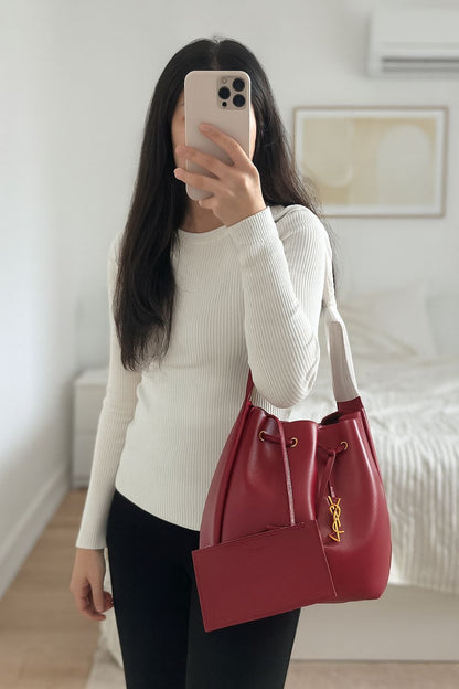 Y-S-L Saint Laurent Paris VII Bucket Bag – Flat Hobo Women Bag (Red)