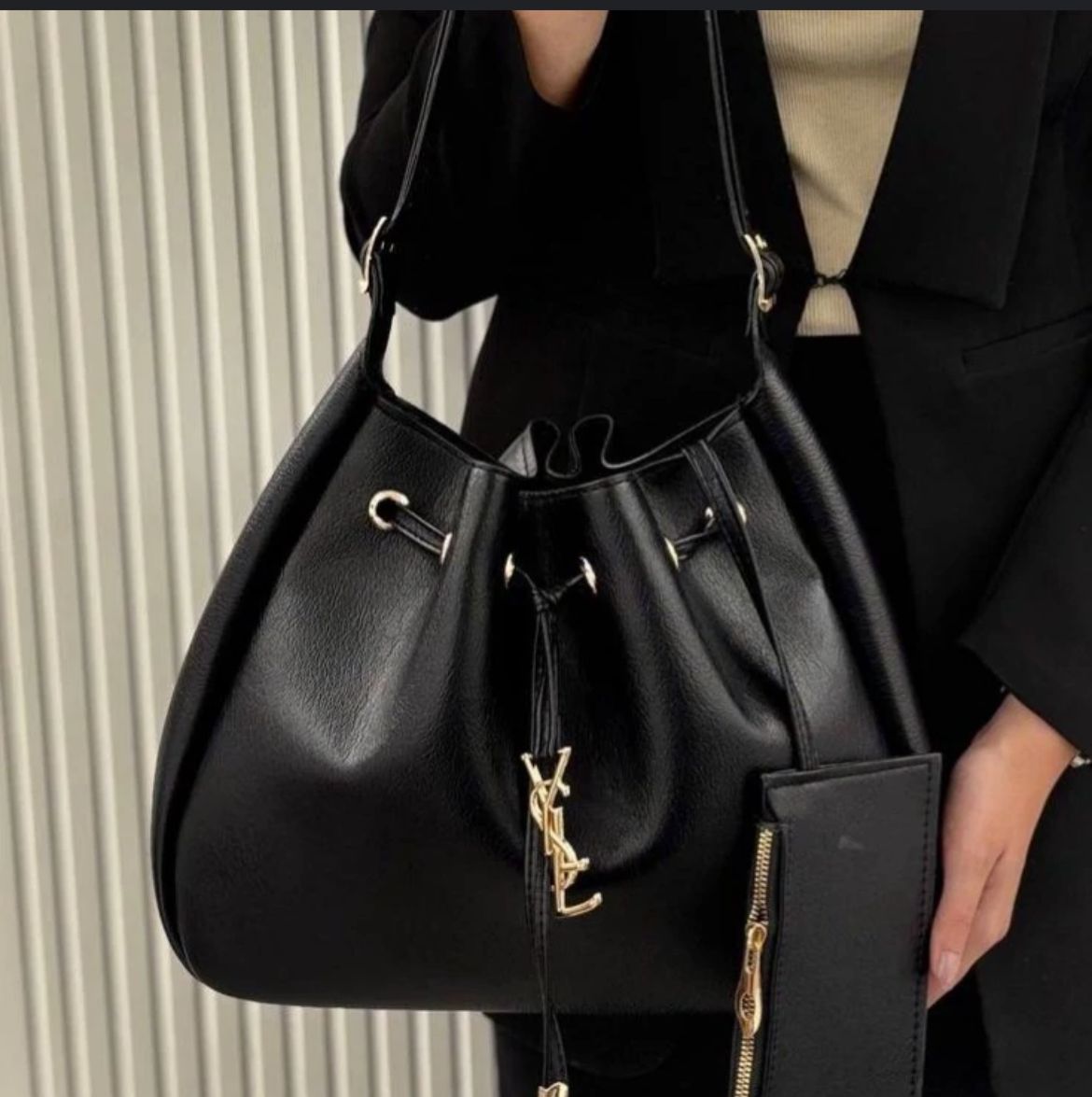 Y-S-L Saint Laurent Paris VII Bucket Bag – Flat Hobo Women Bag (Black)