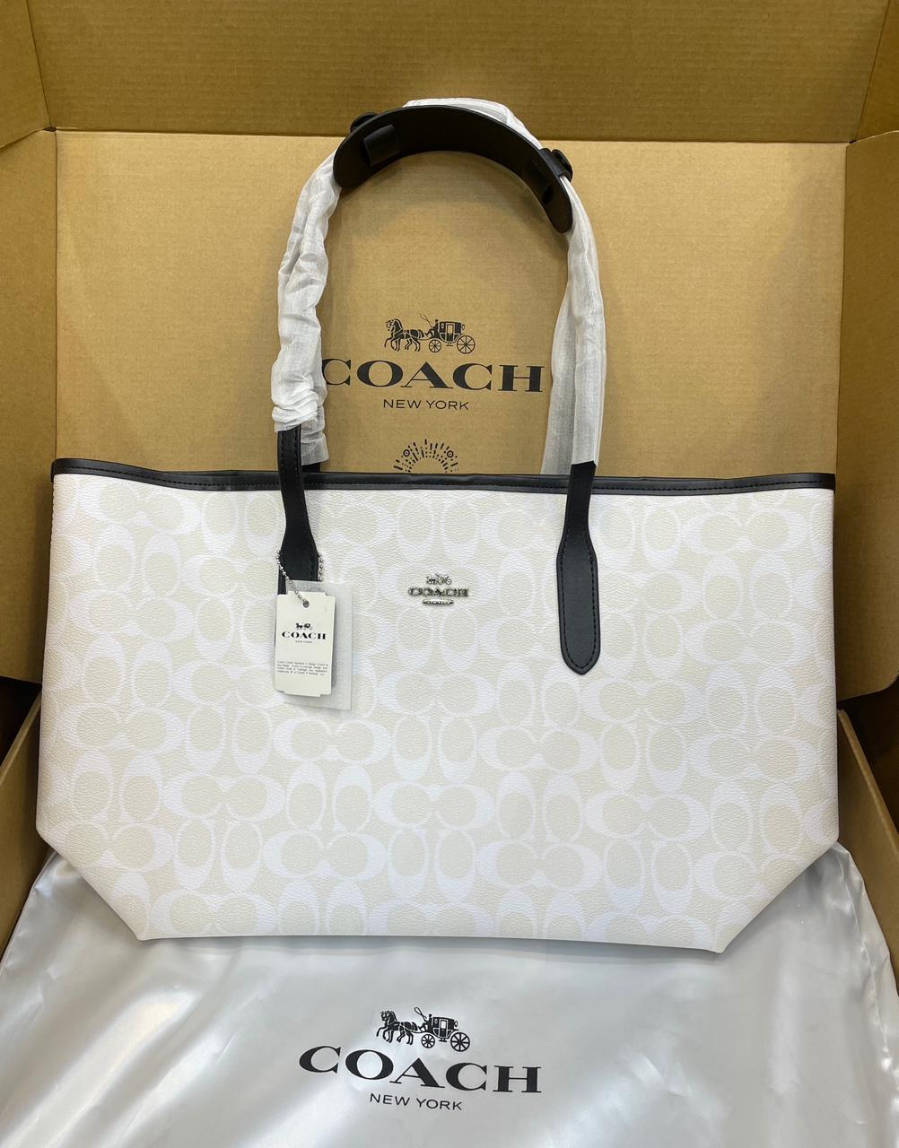 C-O-A-C-H CITY TOTE BAG IN SIGNATURE CANVAS – Women Bag (White/Black)