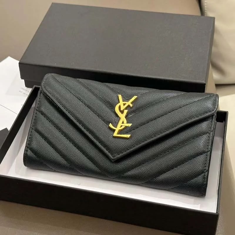 Y-S-L Saint Laurent Cassandre Matelassé Large Flap Wallet – Luxury Women Wallet (Black)