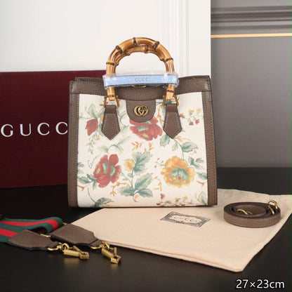 G-U-C-C-I Diana Bamboo Floral Print Canvas Tote Bag – Model 678842 | Premium Quality | Turkish Import (Brown with Off White)