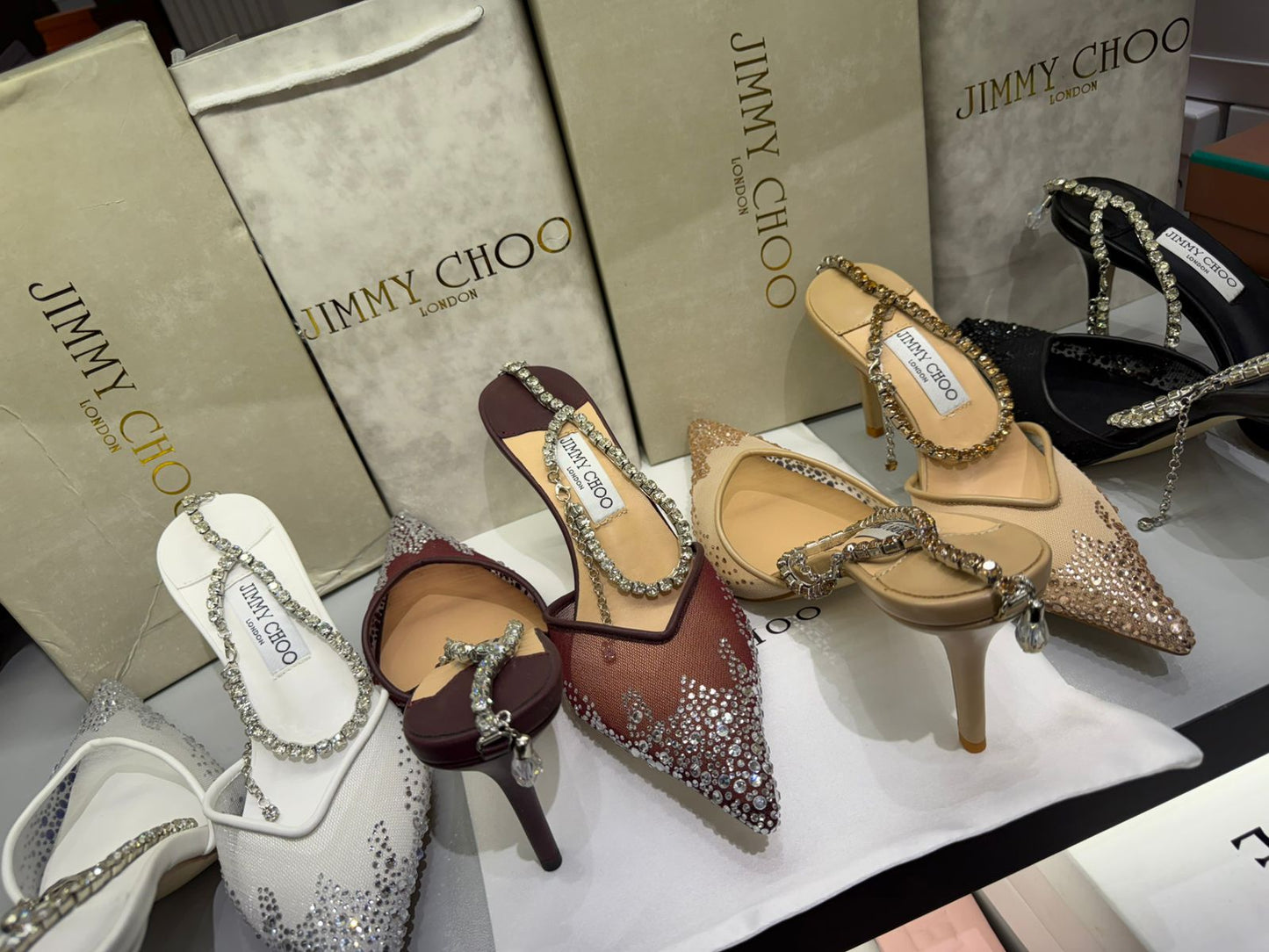 JIMMY CHOO SAEDA 100 CRYSTAL MESH PUMPS – Women Heels (Beige Golden)