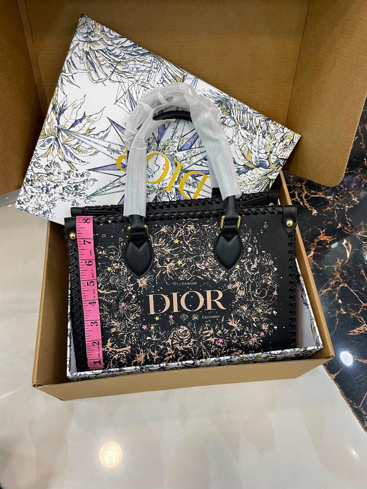 C-H-R-I-S-T-I-A-N D-I-O-R Structured Tote Bag – Premium Quality | Double Box Packaging | Off White with Blue Design