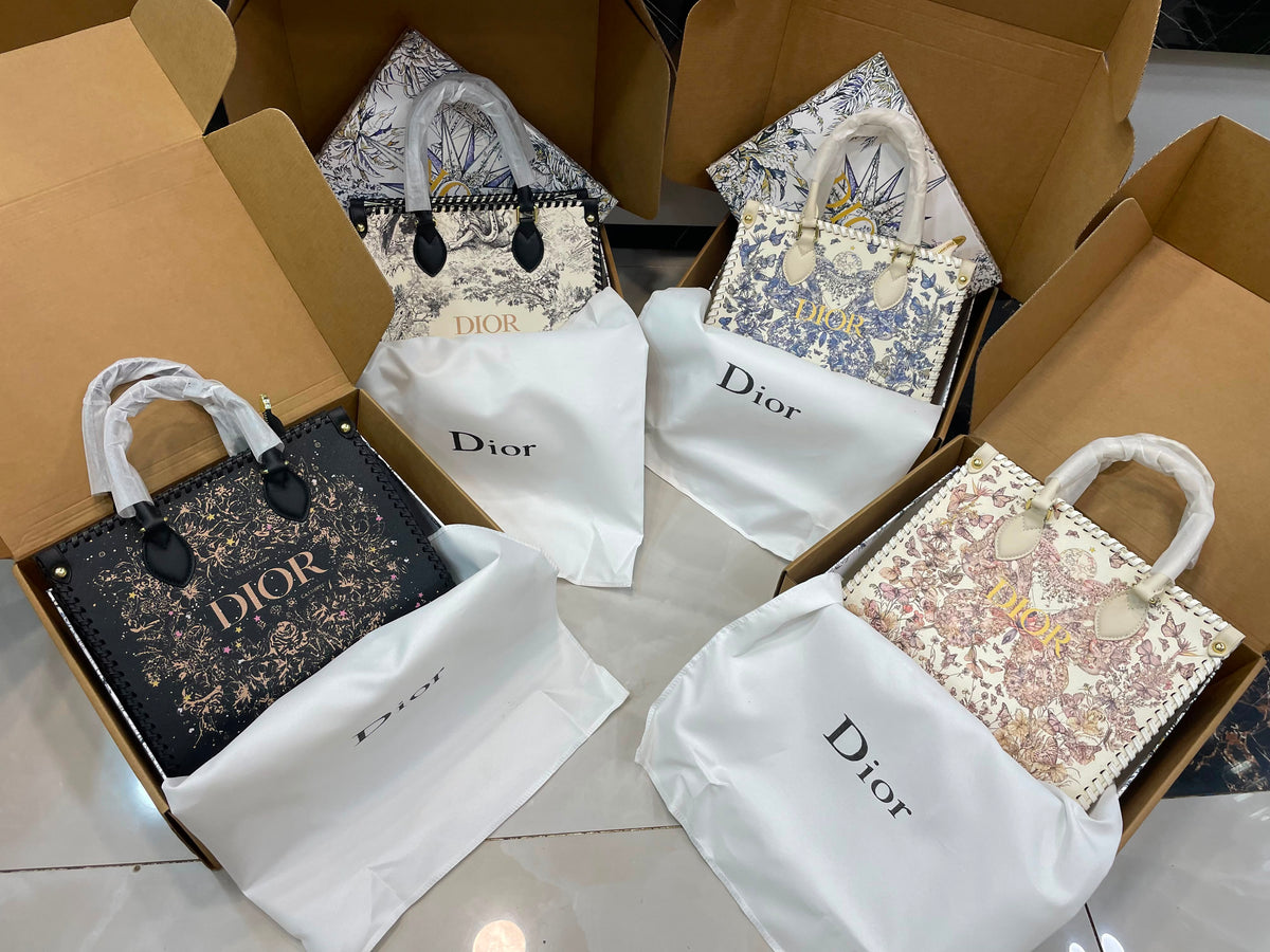C-H-R-I-S-T-I-A-N D-I-O-R Structured Tote Bag – Premium Quality | Double Box Packaging | Off White with Blue Design