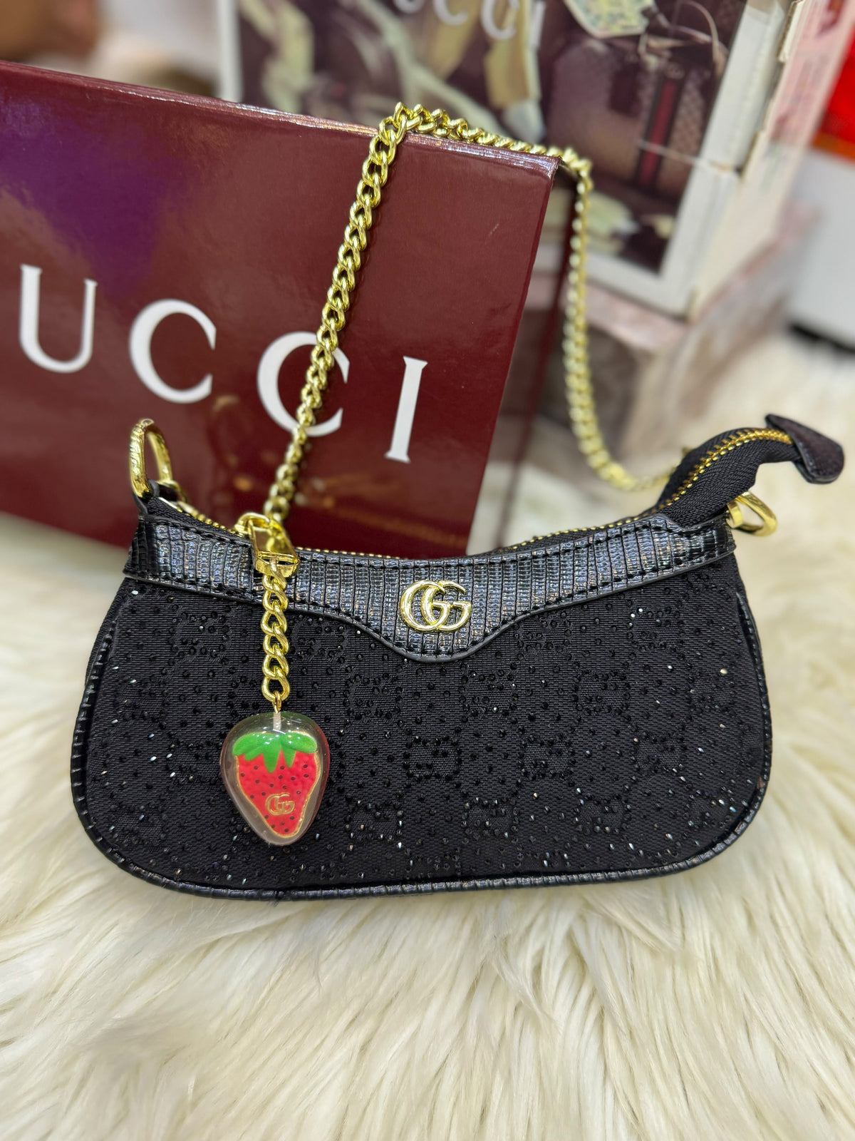 G-U-C-C-I Ophidia Crystal Embellished Leather Shoulder Mini Bag – Premium Women Bag (Black)