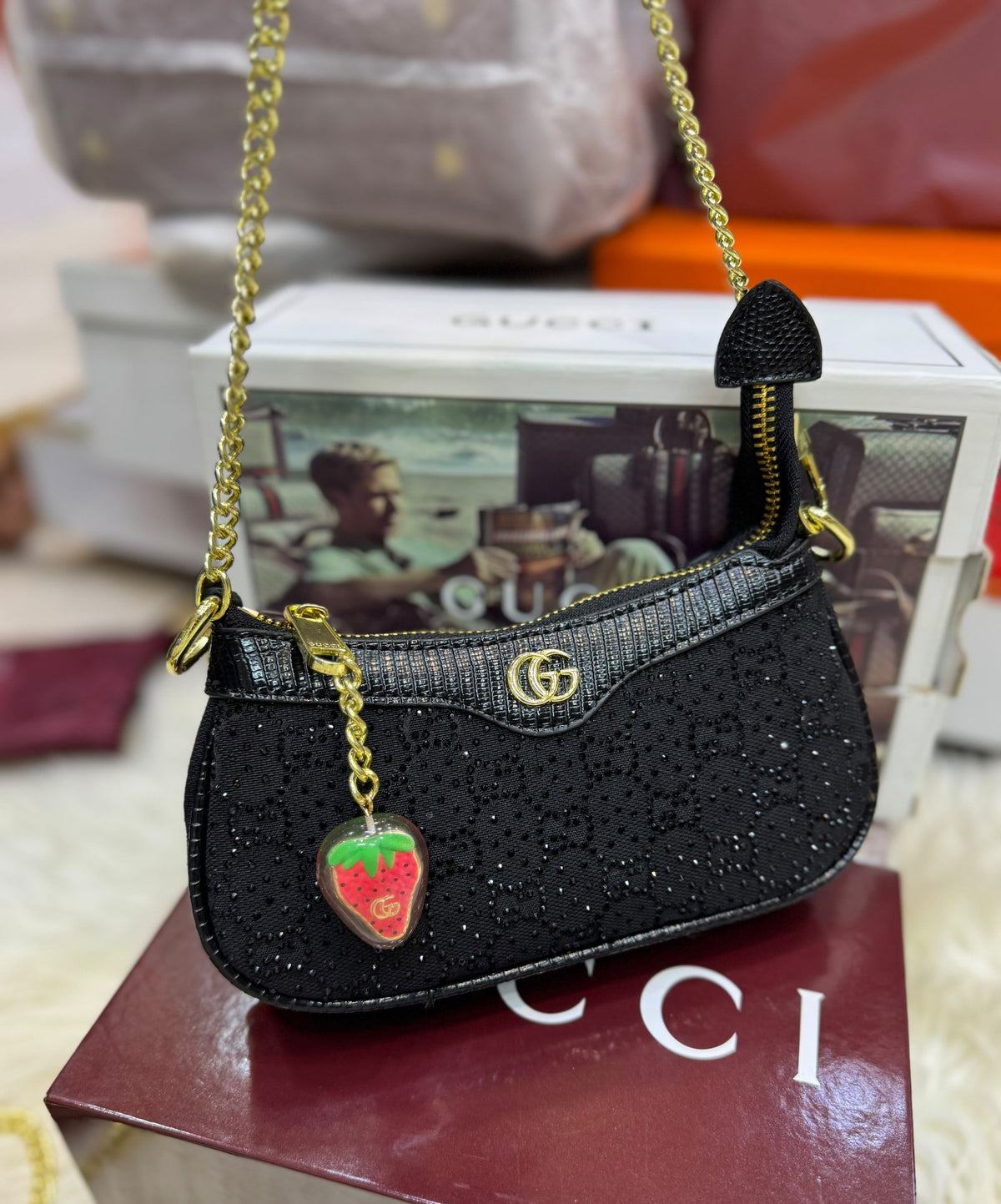 G-U-C-C-I Ophidia Crystal Embellished Leather Shoulder Mini Bag – Premium Women Bag (Black)