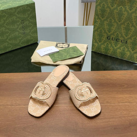 G-U-C-C-I Interlocking G Canvas Slides – Premium Women Footwear (Beige)