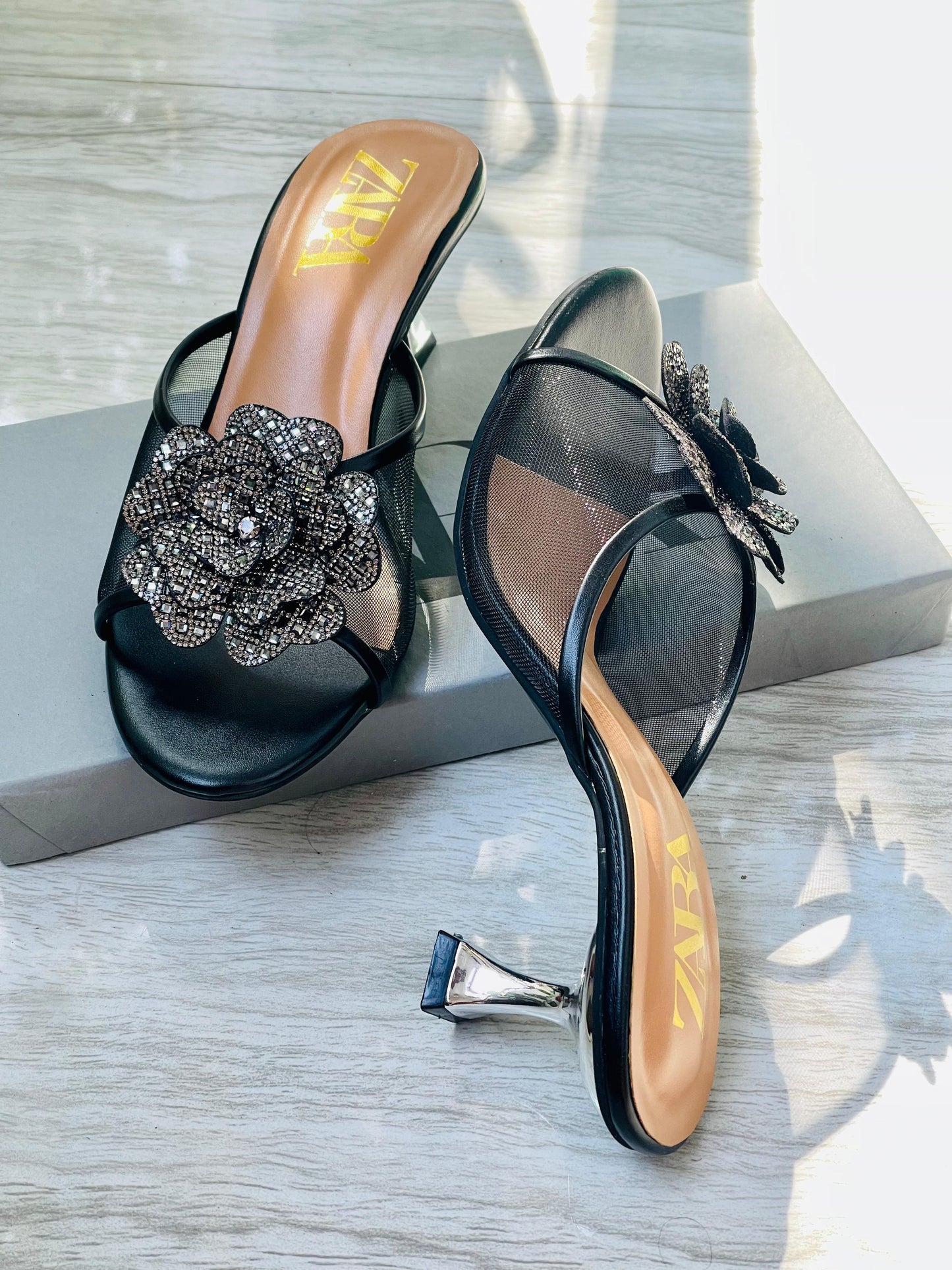 Z-A-R-A Flower Heels – New Arrival | Premium Quality | With Brand Box (Black with Silver)