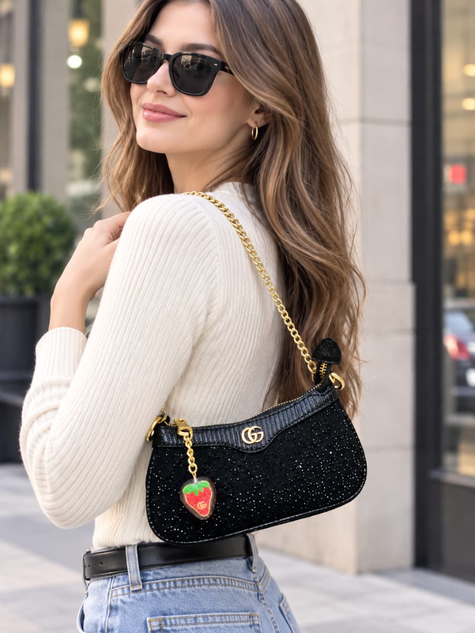 G-U-C-C-I Ophidia Crystal Embellished Leather Shoulder Mini Bag – Premium Women Bag (Black)