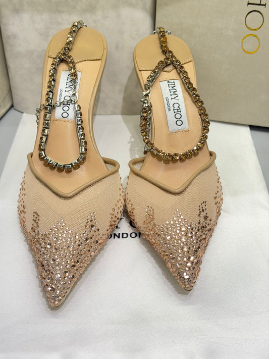 J-I-M-M-Y C-H-O-O Saeda 100 Crystal Mesh Pumps – Crystal Anklet Strap | 3.3" Heel | Luxury Women Footwear (Beige Golden)