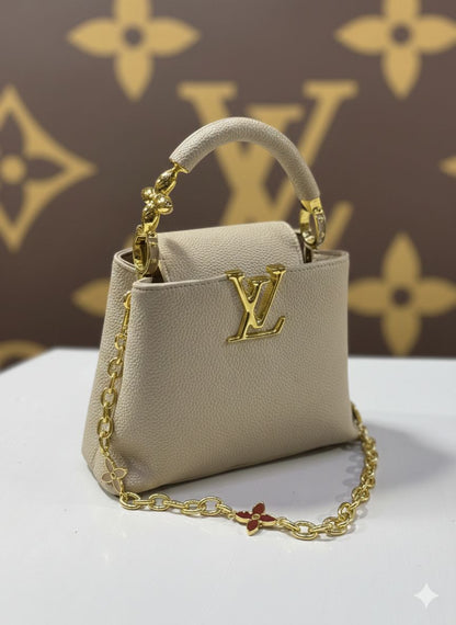 L-O-U-I-S V-U-I-T-T-O-N Capucines Mini – Premium Women Mini Bag with Chain Strap (Beige)