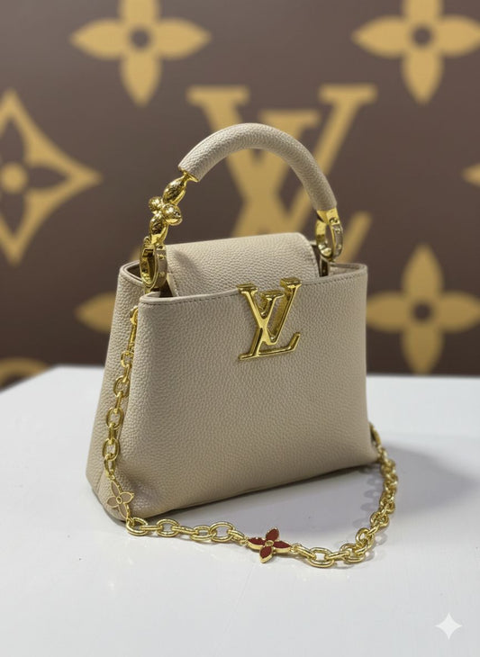 L-O-U-I-S V-U-I-T-T-O-N Capucines Mini – Premium Women Mini Bag with Chain Strap (Beige)