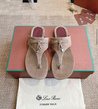 Loro Piana Summer Charms Walk Suede Thong Sandals – Premium Women Footwear (Cream/Beige)
