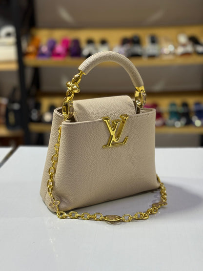 L-O-U-I-S V-U-I-T-T-O-N Capucines Mini – Premium Women Mini Bag with Chain Strap (Beige)