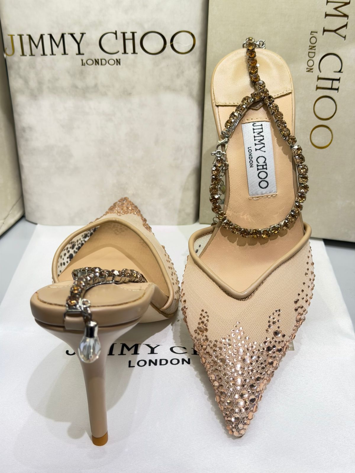 J-I-M-M-Y C-H-O-O Saeda 100 Crystal Mesh Pumps – Crystal Anklet Strap | 3.3" Heel | Luxury Women Footwear (Beige Golden)