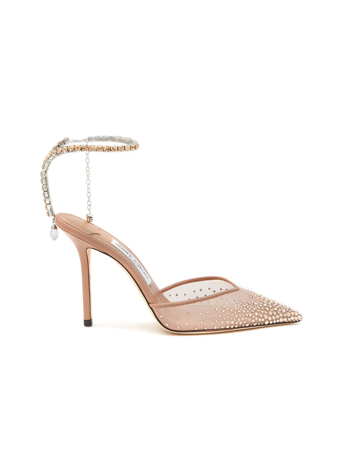 J-I-M-M-Y C-H-O-O Saeda 100 Crystal Mesh Pumps – Crystal Anklet Strap | 3.3" Heel | Luxury Women Footwear (Beige Golden)