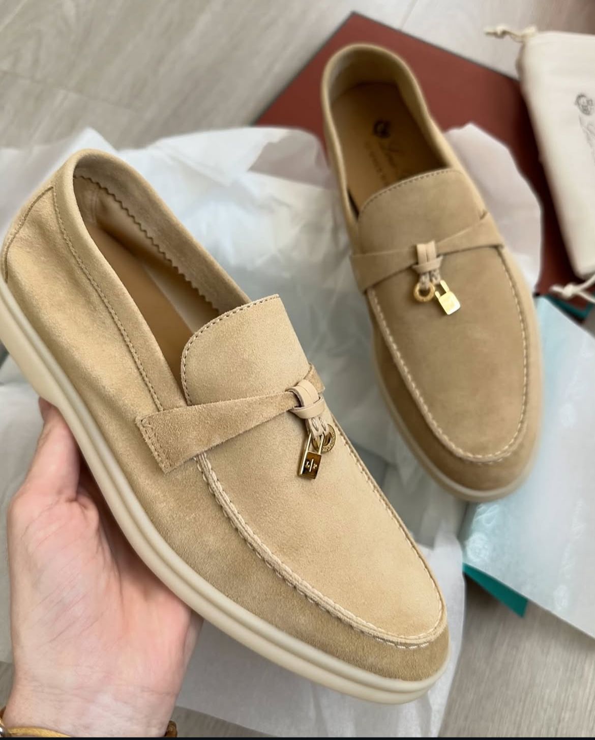 L-O-R-O P-I-A-N-A Summer Charms Walk Loafers – Premium Suede Unisex Shoes (Beige/Off White)