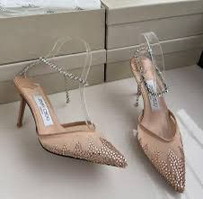 J-I-M-M-Y C-H-O-O Saeda 100 Crystal Mesh Pumps – Crystal Anklet Strap | 3.3" Heel | Luxury Women Footwear (Beige Golden)