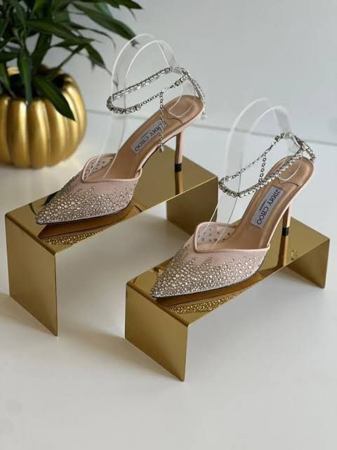 J-I-M-M-Y C-H-O-O Saeda 100 Crystal Mesh Pumps – Crystal Anklet Strap | 3.3" Heel | Luxury Women Footwear (Beige Golden)