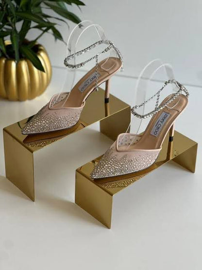 J-I-M-M-Y C-H-O-O Saeda 100 Crystal Mesh Pumps – Crystal Anklet Strap | 3.3" Heel | Luxury Women Footwear (Beige Golden)