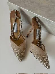 J-I-M-M-Y C-H-O-O Saeda 100 Crystal Mesh Pumps – Crystal Anklet Strap | 3.3" Heel | Luxury Women Footwear (Beige Golden)