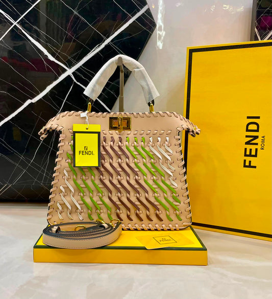 F-E-N-D-I R-O-M-A Peekaboo ISeeU Interwoven Bag – Premium Quality Women Bag | Magnetic Box | Beige with Mix Colors